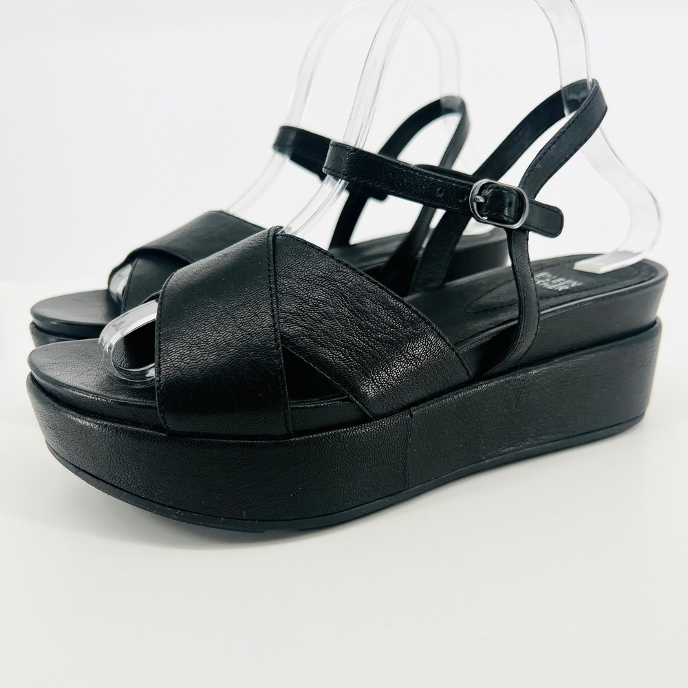 Eileen Fisher Juno Platform Sandals Women 8 Black Leather Chunky Strappy Buckle